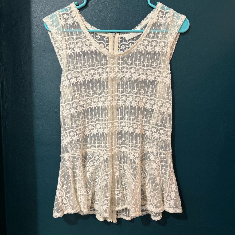Zara Cream Lace Peplum Top with Zipper Back
